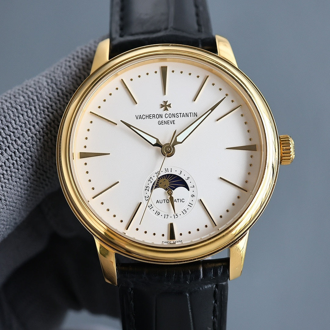 Vacheron Constantin gold-tone automatic watch with white dial and black leather strap