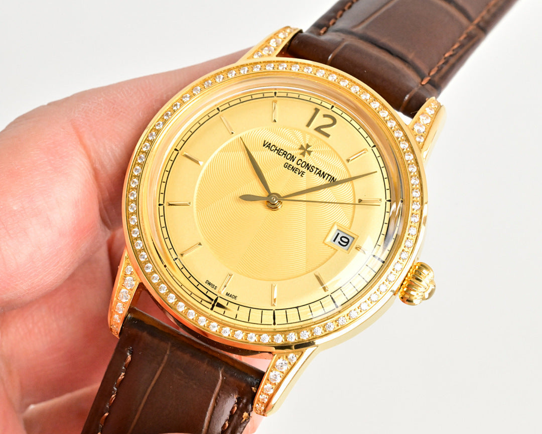 Gold-tone wristwatch with diamond bezel, brown leather strap, champagne face
