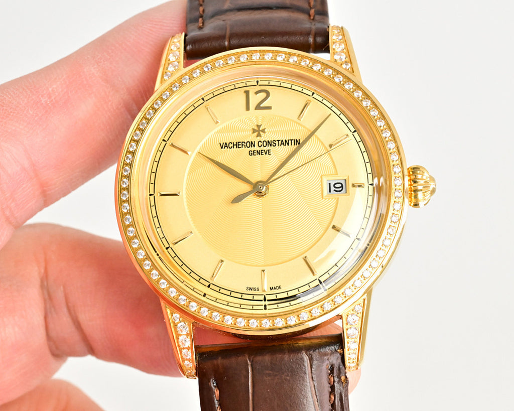 Gold-tone wristwatch with diamond bezel, brown leather strap, champagne dial