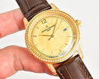 Gold-tone wristwatch with diamond bezel, brown leather strap, champagne dial with date window