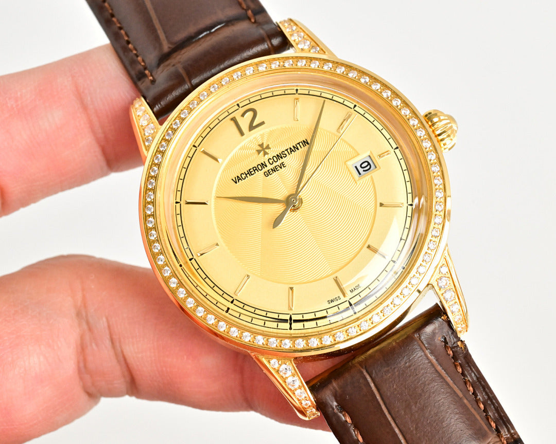 Gold-tone wristwatch with diamond bezel, brown leather strap, champagne dial with date window
