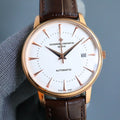 Vacheron Constantin wristwatch with white dial, gold case, brown leather strap, automatic