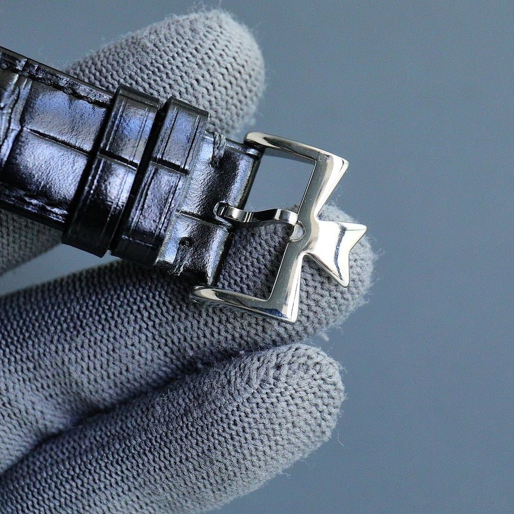 Leather strap buckle and clasp with polished metal watch hardware