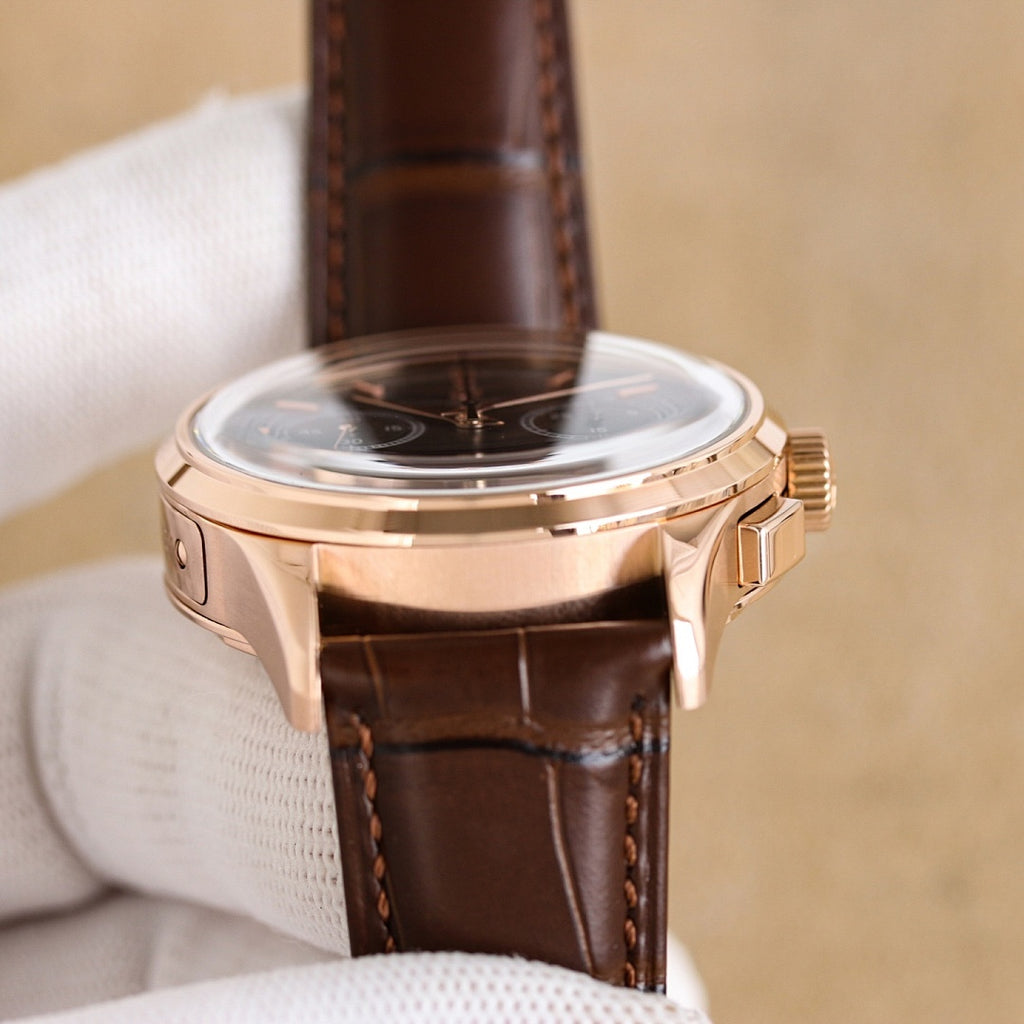 Vacheron Constantin watch caseback with brown leather strap, rose gold finish
