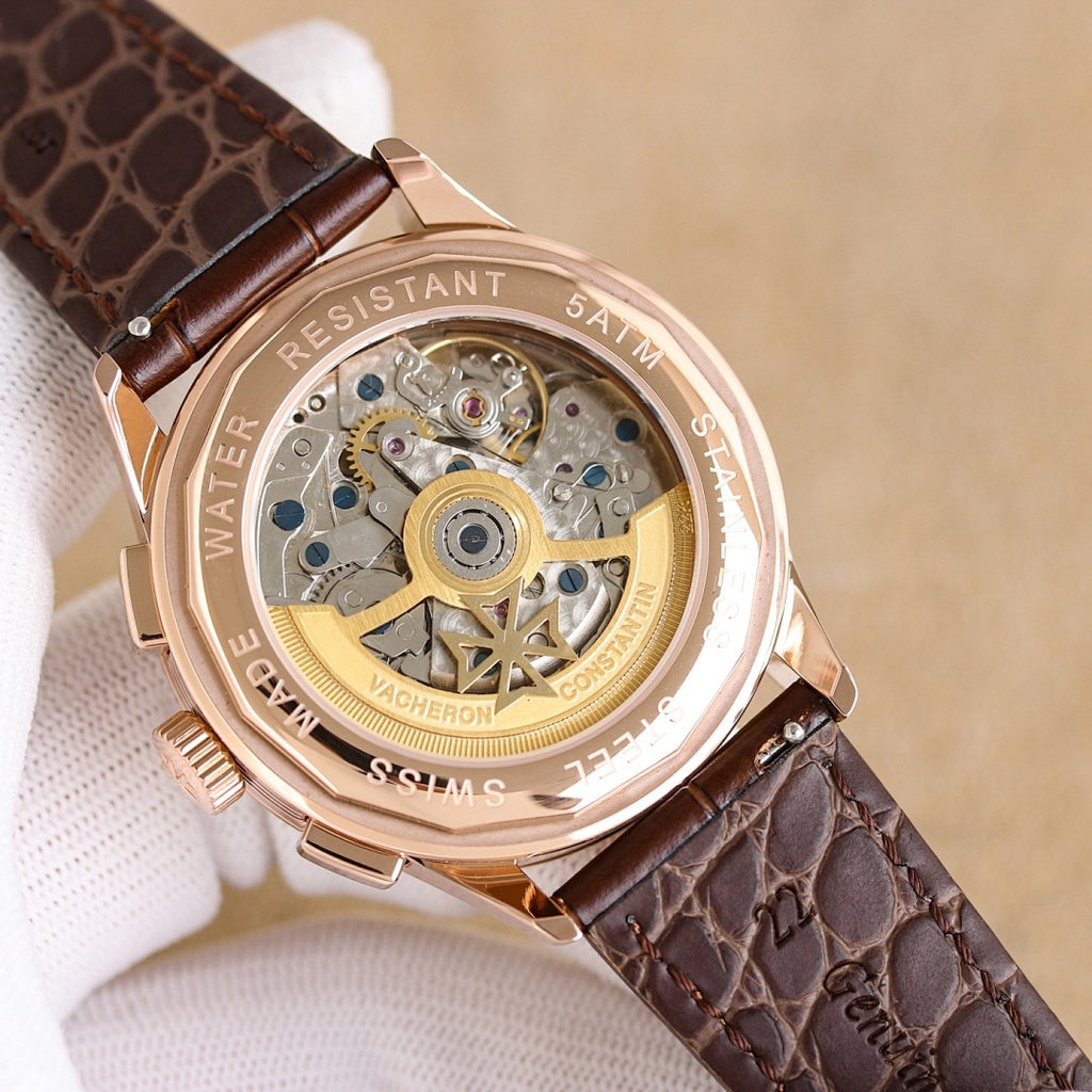 Vacheron Constantin watch exposed movement, brown leather strap, rose gold case