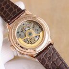 Vacheron Constantin watch exposed movement, brown leather strap, rose gold case