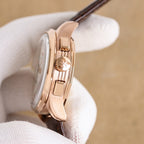 Vacheron Constantin watch side profile with rose gold case and brown leather strap