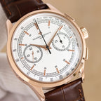 Vacheron Constantin watch with white dial, black subdials, brown leather strap, rose gold case