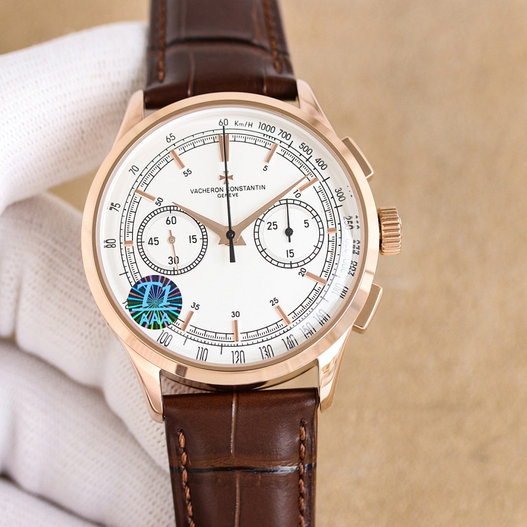 Vacheron Constantin watch with white dial, teal emblem, brown leather strap, rose gold case