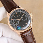Vacheron Constantin watch with black dial, teal emblem, brown leather strap, rose gold case