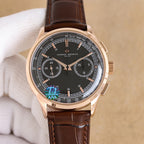 Vacheron Constantin watch with black dial, teal emblem, brown leather strap, rose gold case