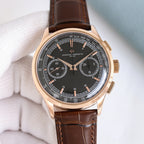 Round wristwatch with brown leather strap, rose gold case, black chronograph dial