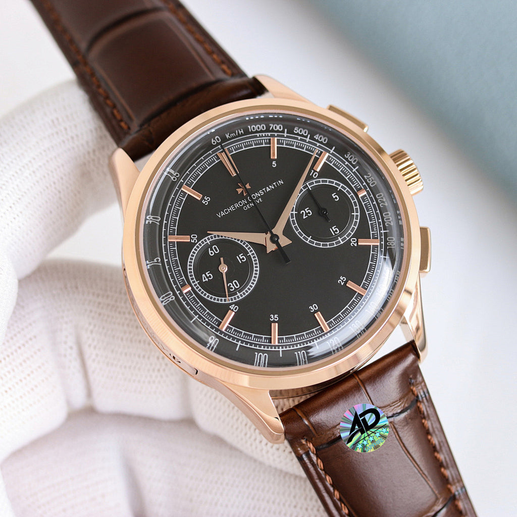 Luxury wristwatch with brown leather strap, rose gold case, black multifunction dial