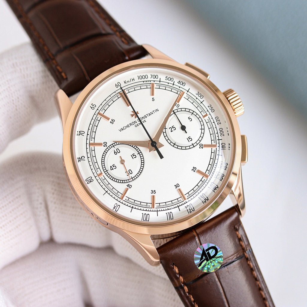 Round wristwatch with brown leather strap, rose gold case, white multifunction dial