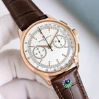 Round wristwatch with brown leather strap, rose gold case, white multifunction dial