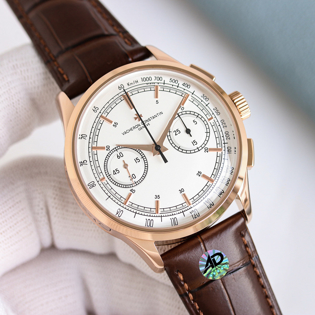 Round wristwatch with brown leather strap, rose gold case, white multifunction dial