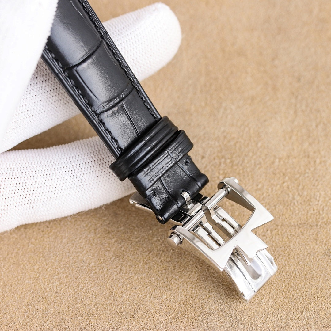 Vacheron Constantin watch strap, black leather with silver buckle and keeper hardware