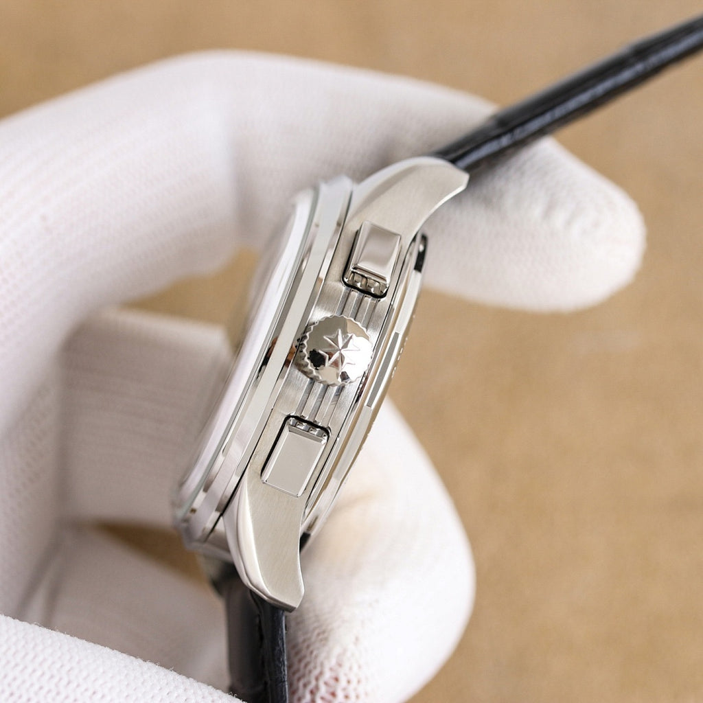 Vacheron Constantin watch side, brushed silver case with crown, black leather strap