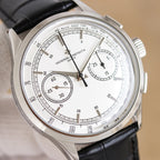 Vacheron Constantin watch, white dial chronograph layout, black leather strap, silver bezel