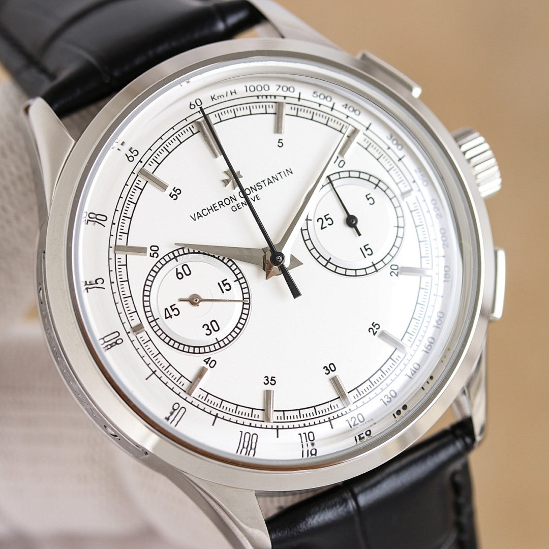 Vacheron Constantin watch, white dial chronograph layout, black leather strap, silver bezel