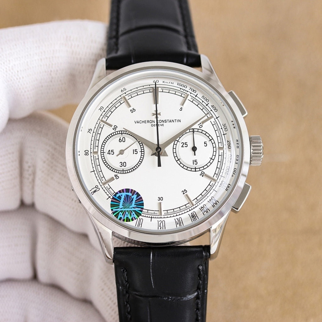 Vacheron Constantin watch, white dial with chronograph subdials, black leather strap, silver bezel