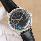 Vacheron Constantin watch, black dial with blue emblem, black leather strap, silver chronograph bezel