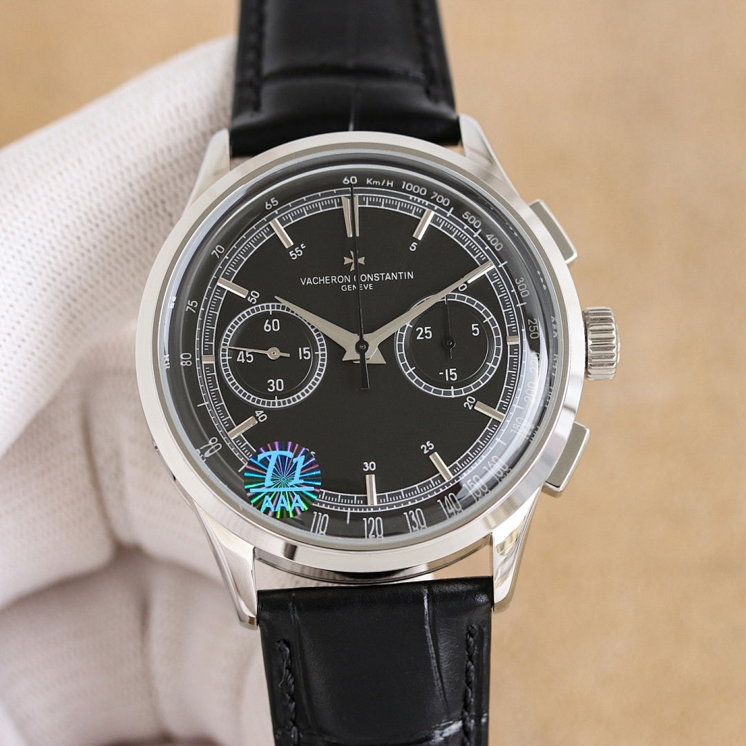 Vacheron Constantin watch, dark dial with chronograph subdials, black leather strap, silver bezel