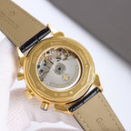 Vacheron Constantin watch caseback with visible movement and black leather strap