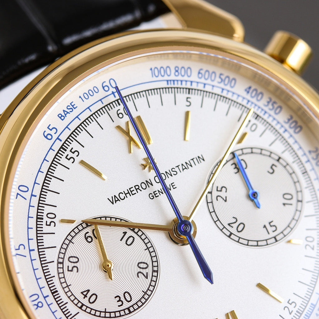 Vacheron Constantin chronograph watch with white dial, blue accents, three subdials