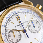 Vacheron Constantin chronograph watch with white dial, blue accents, three subdials