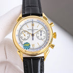 Vacheron Constantin chronograph watch with black leather strap and gold-tone case