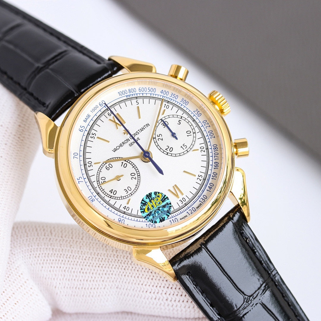 Vacheron Constantin chronograph watch angled, black leather strap, white dial
