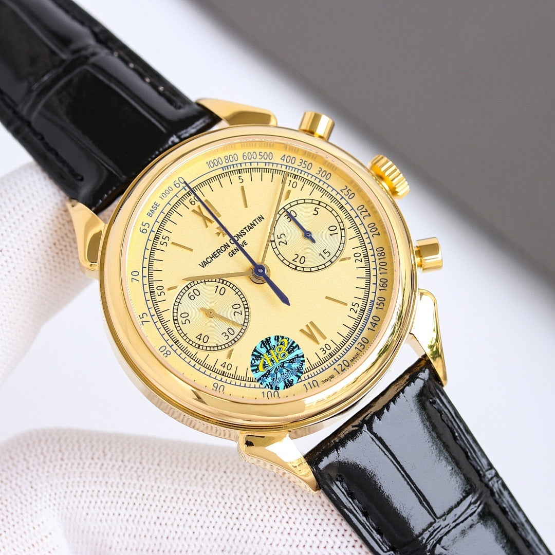 Vacheron Constantin chronograph watch angled view, black leather strap, gold-tone case