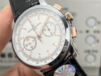 Chronograph wristwatch dial close-up with white face, tachymeter ring, subdials.