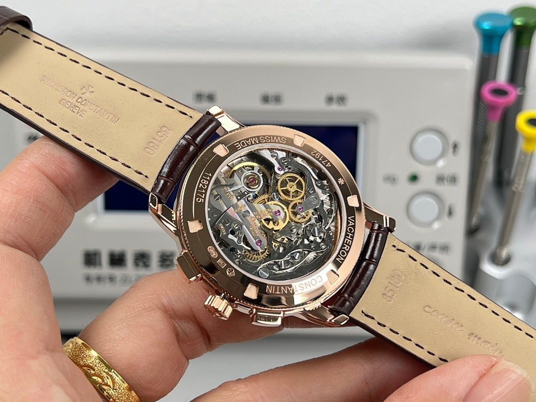 Skeleton-style automatic watch with dark dial, rose gold bezel and brown leather strap