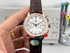 Rose gold chronograph watch with white dial, brown leather strap and rose gold crown
