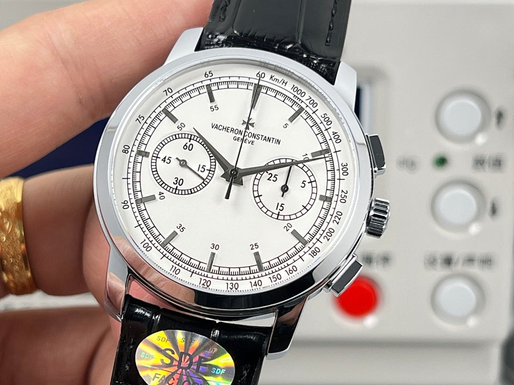 Vacheron Constantin wristwatch with white dial, black leather strap, three subdials