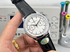 Vacheron Constantin wristwatch angled view, black leather strap, white dial with multiple hands