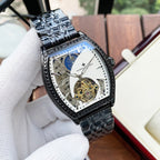Black-toned automatic wristwatch with diamond bezel, white skeleton dial and dark bracelet