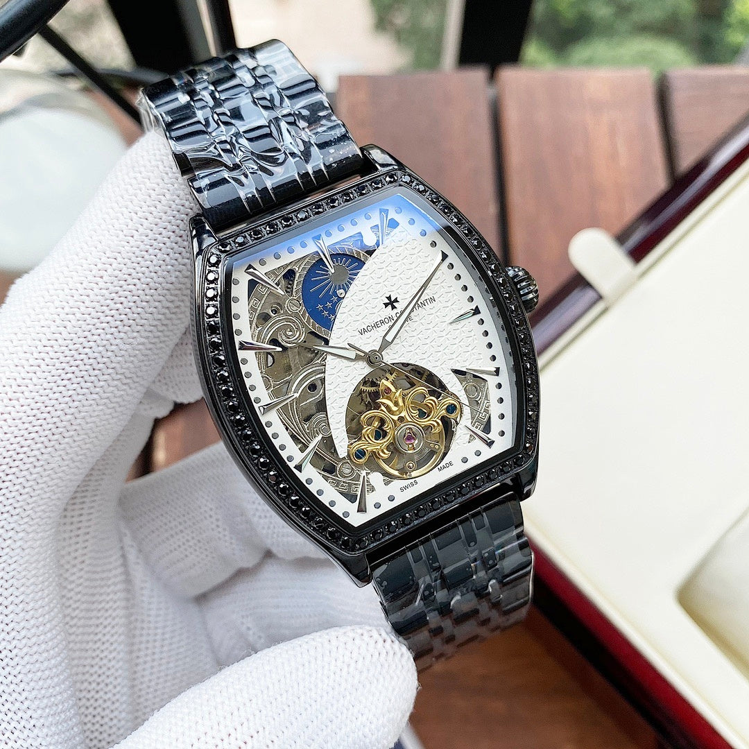 Black-toned automatic wristwatch with diamond bezel, white skeleton dial and dark bracelet