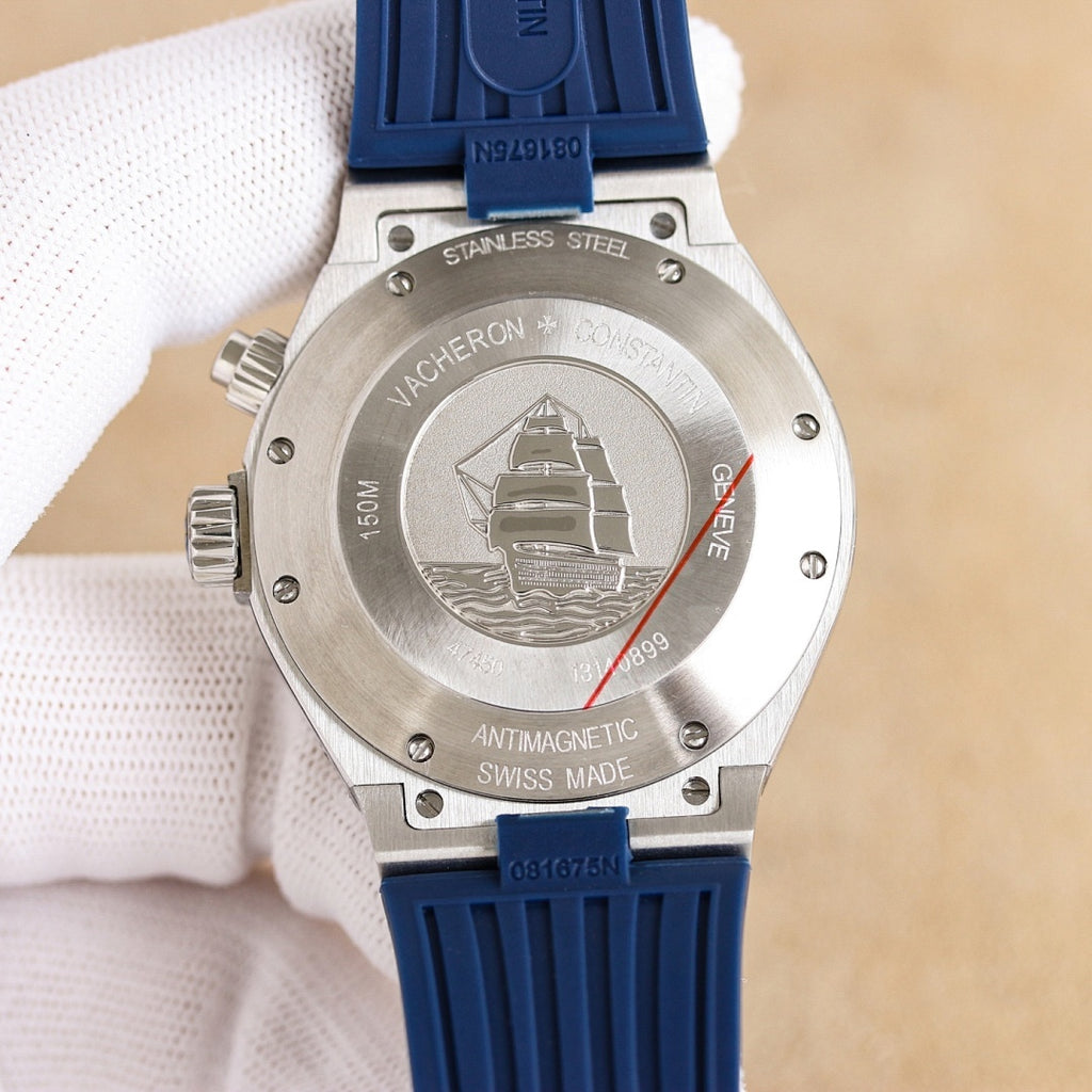 Vacheron Constantin watch back, stainless steel case, ship engraving, blue rubber strap