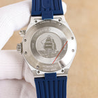 Vacheron Constantin watch back, stainless steel case, ship engraving, blue rubber strap