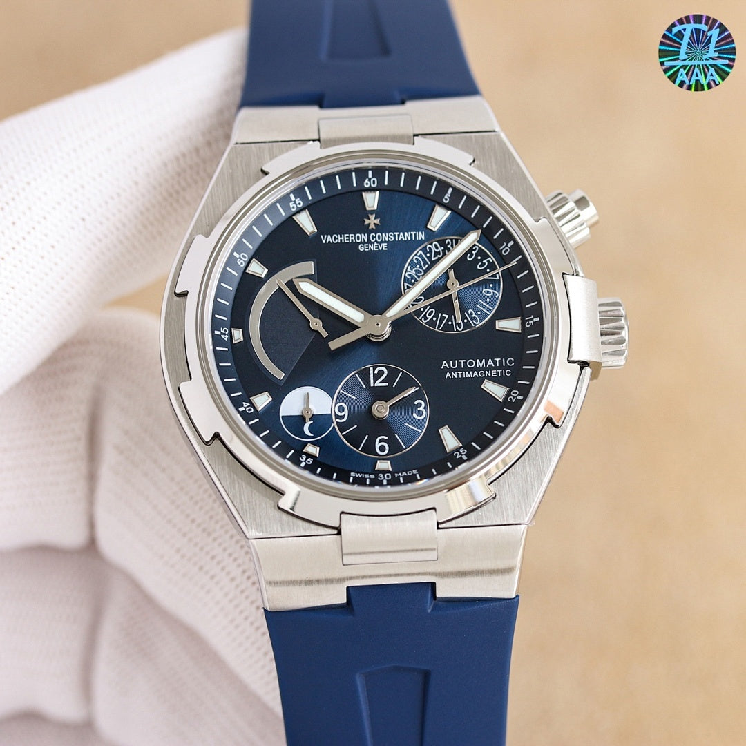 Vacheron Constantin wristwatch, steel case, dark blue dial, rose-gold accents, blue rubber strap