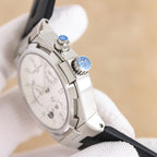 Vacheron Constantin watch side view with crown and blue accents, black rubber strap