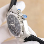 Vacheron Constantin watch side view with crown and blue accents, black rubber strap