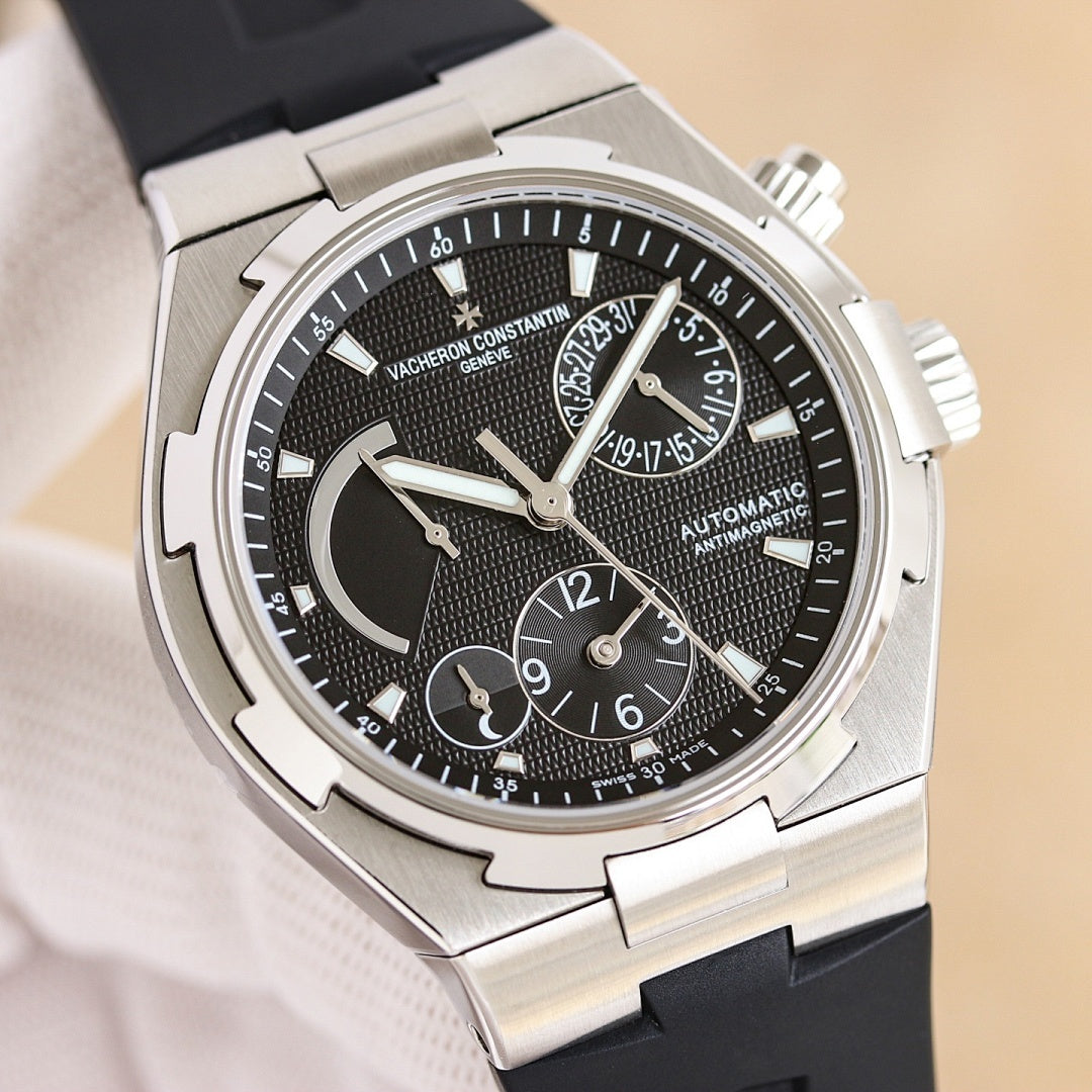 Vacheron Constantin watch with black dial, stainless steel case, black rubber strap