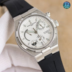Vacheron Constantin watch angled view with white dial and black rubber strap