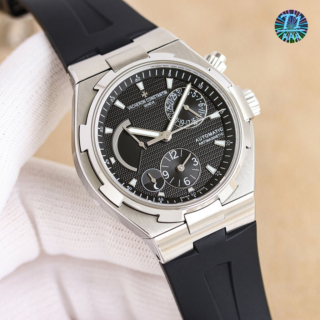 Vacheron Constantin watch angled view with black dial and black rubber strap