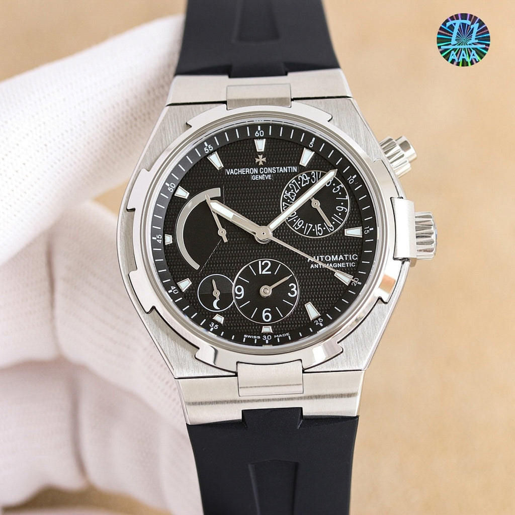 Vacheron Constantin watch with black dial, stainless steel case, black rubber strap