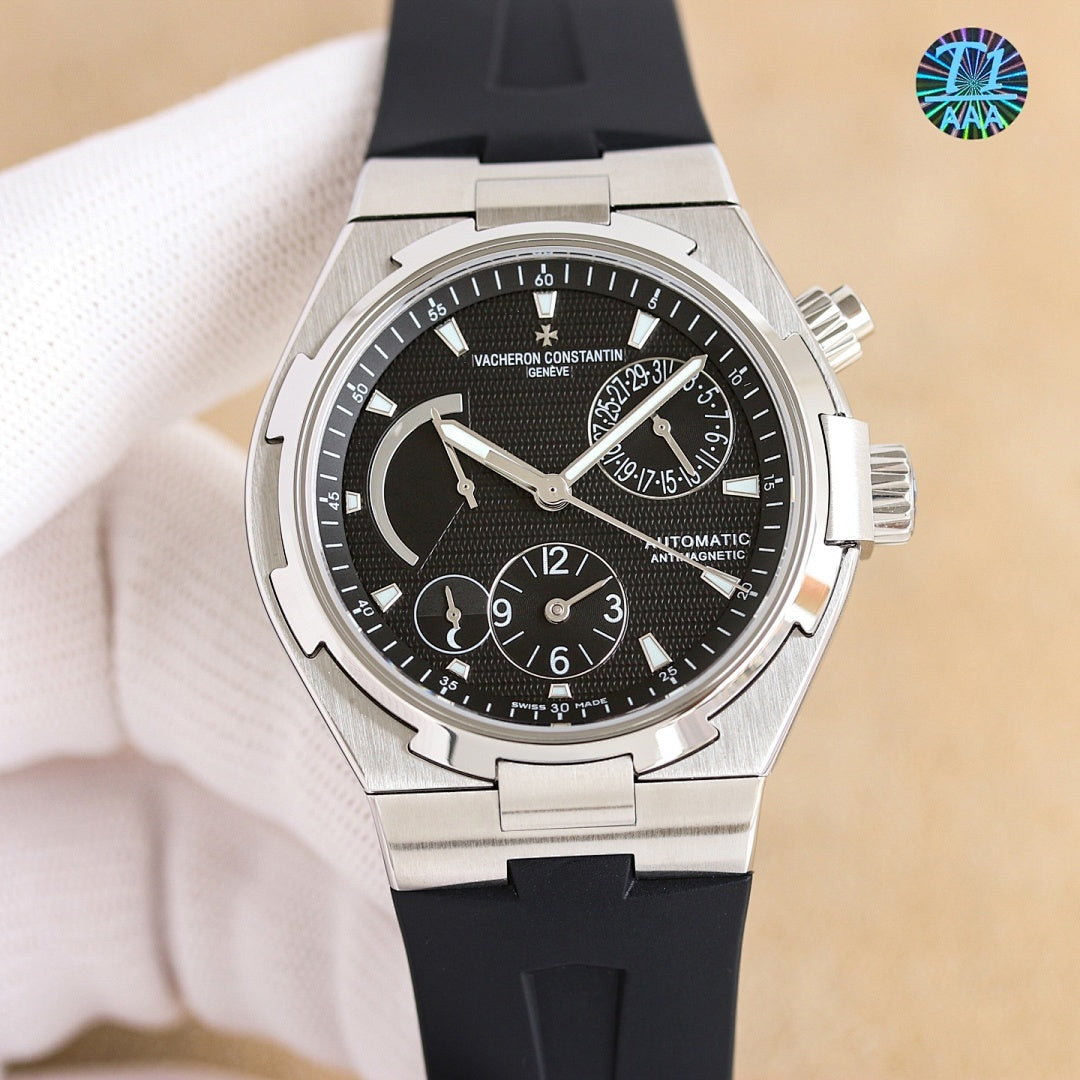 Vacheron Constantin watch with black dial, stainless steel case, black rubber strap